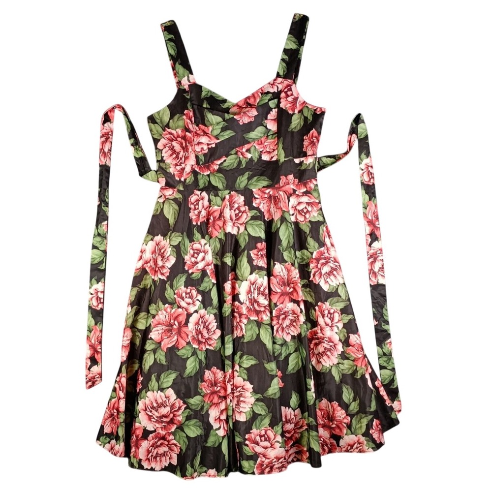 Stella Morgan Fit and Flare Dress Size 8 Black Pink Floral Rose Rockabilly Swing